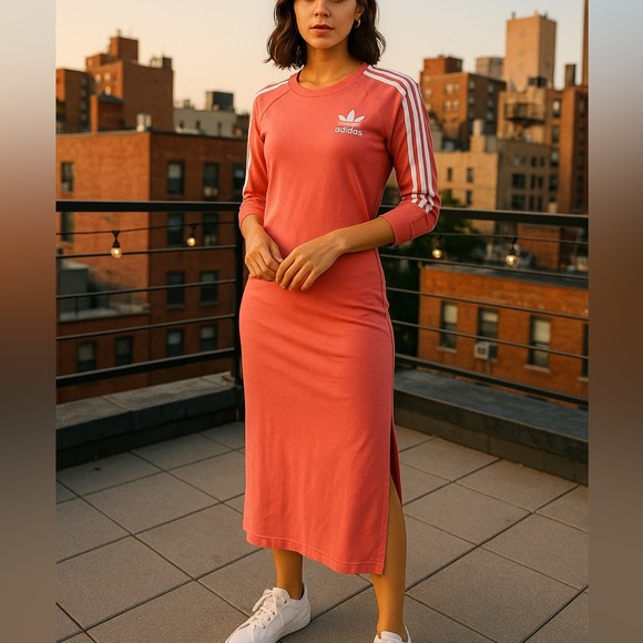 Adidas Originals Pink Midi Dress Small | Logo 3 Stripes Athleisure Casual Trendy - Picture 1 of 6